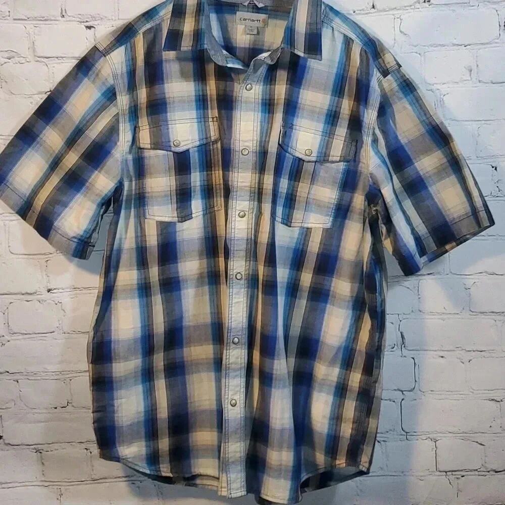 Carhartt Shirt Mens XL Blue Gray Pearl Snap Plaid Relaxed Fit Short Sleeve